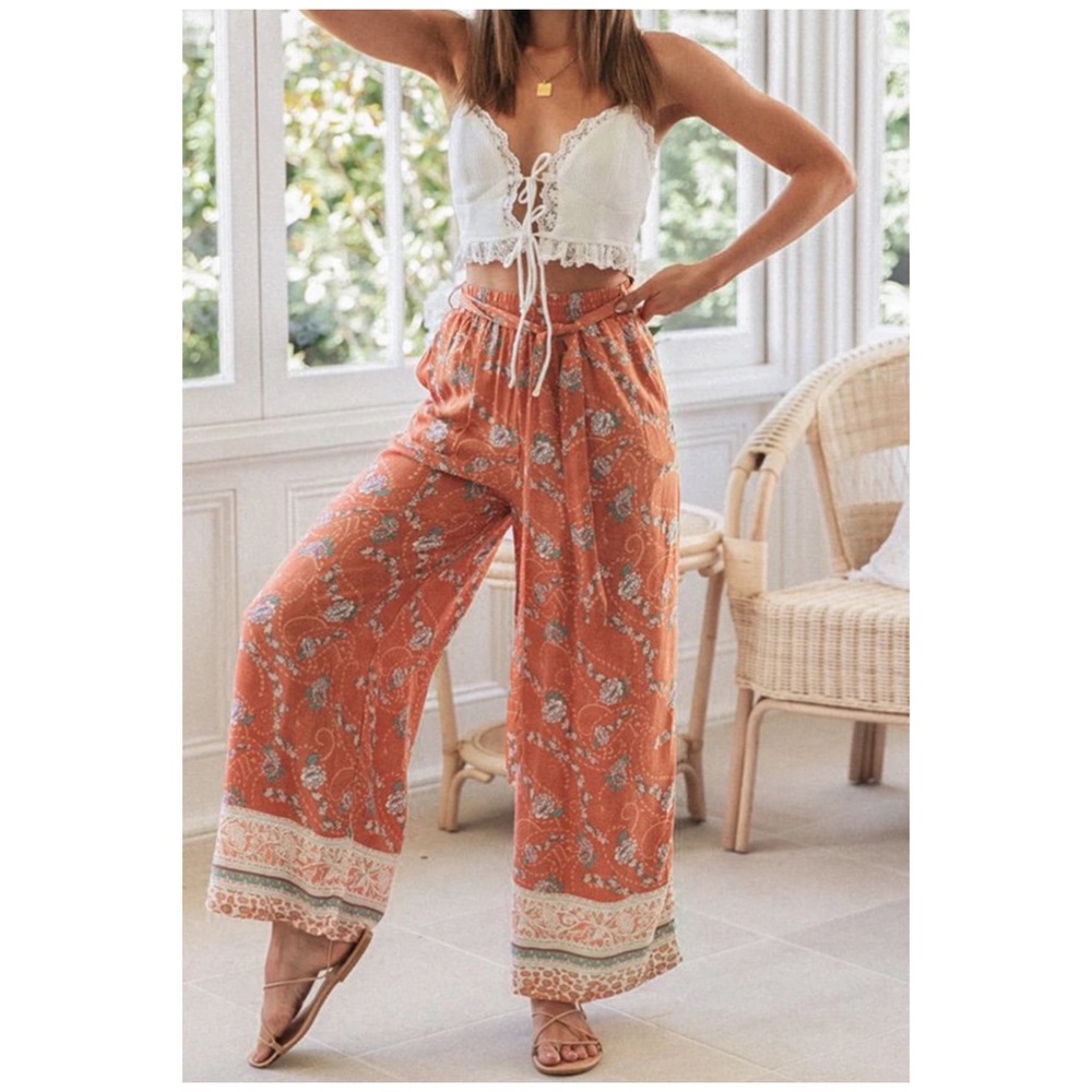 CLEARANCE Rust Bohemian Floral Printed Wide Leg Pants - Picture 4 of 6